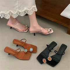 CRYSTAL Diamond Square Clip Toe Slippers Hollow Out Thin Low Heel
