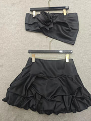 Elegant Solid Strapless Spliced 3D Flower Patchwork Folds Skirt Two Piece Sets