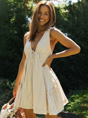 Casual Natural Waistline Sleeveless Lantern Sleeve V-Neck Tie Front Mini