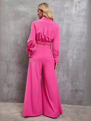 Casual Turndown Collar Long Sleeve Top And Wide-leg Pants Two-Piece Set