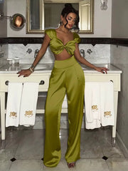 Elegant Sleeveless Crop Top With High Waist Wide Pants Two Piece Sets