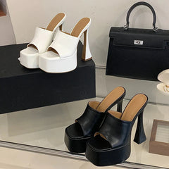 Chunky Platform Slippers Concise Open Toe Square High Heel