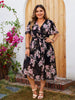 Boho Floral Print A-line Surplice Neck Butterfly Sleeve Belted Plus Size Midi Dress