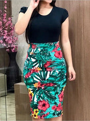 Short Sleeve Floral Printed Pencil Skirt Dress