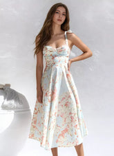 Elegant Floral Print With Bow-Tie Straps Midi Dress