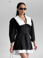 Elegant Lapel Long Sleeve Patchwork Non Stretch Mini Dress