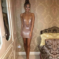 Sequin V-Neck Sleeveless Spaghetti Strap Mini Bodycon Dress