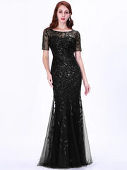 Prom Jewel Neck Short Sleeves Lace Floor-Length Dresses