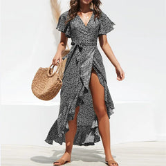 Bohemian V-Neck Irregular High Waist Lace-up Chiffon Print Casual Beach Long Dress