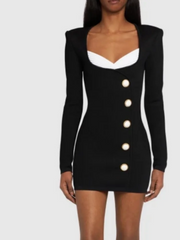 Patchwork U Neck Long Sleeves Retro Button Decoration Party Evening Bodycon Bandage Mini Dresses