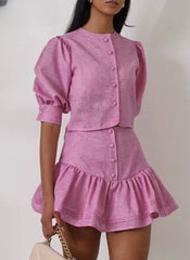 Short Sleeve Crop Top With High Waist Slim Cotton 2 Piece Mini Skirt Set