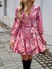 Vintage Ruffled V-neck Puff Sleeve Floral Print A-line Mini Dress