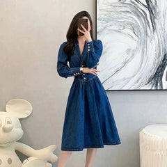 Vintage Solid Lapel V-Neck Backless Elastic Waist Office Lady Denim Dresses