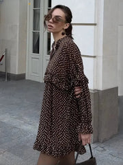 Casual V-Neck Long Sleeve Loose Print Ruffle Mini Dresses