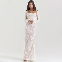 Elegant Vintage Hollow Out Lace Long Sleeve Cape 2 Piece Set Gown Slip Maxi Dress