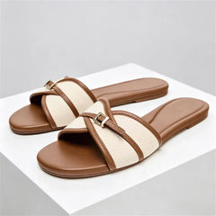 Canvas Belt Buckle Designer Slippers Comfortable Lightweight Slide Sandals Elegant Peep Toe Flat Sandals