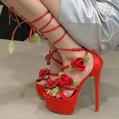 Flower Ankle Cross-strap Platform Sandals Street Style Thin High Heel