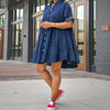 Single Breasted Short Sleeve Lapel Collar Loose Denim Washed Smock Dress