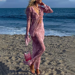 Mesh Sheer Long Sleeve Tie Front Blouse Shirts Maxi Skirt Matching Sets