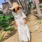 Patchwork Lace V-Neck Lantern Sleeve Maxi Dress