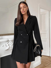 Pleated Turndown Collar Lapel Casual Solid Elegant And Vintage Mini Dresses