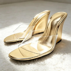 Gold Wedges Sandals for Transparent PVC Slide Sandals Elegant Round-toe Clip Toe Designer Shoes