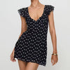 Casual Dot Print Ruffle V Neck Flying Sleeve Layered Tie-up Belted A-line Party Short Mini Dress