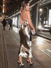 Elegant Spaghetti Strap Backless Satin Lace Up Trumpet Evening Bodycon Party Dresses