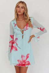 Sea Dreaming Ruffle Trim Mini Dress Floral Blue