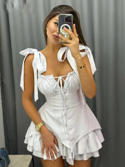 Elegant Classic Lace-Up Pleated Strap Sleeveless Mini Dress