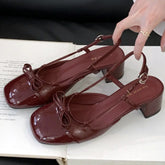High Quality Bow Belt Buckle Sandals Round Toe Narrow Band Square Heel