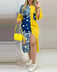 Button Front Patchwork Print Midi Dress