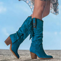 Women's Knee-High Boots - Western Style - Fringe & Stud Details - Block Heel