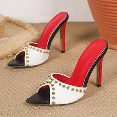 Metal Decoration Pointed Peep Toe Slippers Thin High Heel
