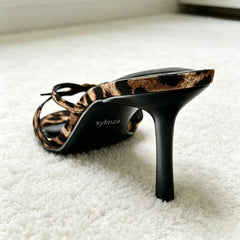 Leopard Print Silk Narrow Band Mules Sandals Buckle Detail Slide Sandals Open-toe Stiletto Party Dress Shoes
