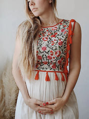 Embroidered Sleeveless Tassel trim Maxi Dress