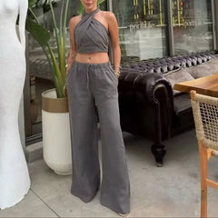 Sleeveless Halter Crop Tops High Waist Wide Leg Pants Sets
