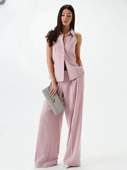 Stripe Print Sleeveless Tank Top With High Waist Wide Pants 2 Piece Sets