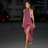 Asymmetric Feather Hem Evening Party Backless Slim Midi Dress
