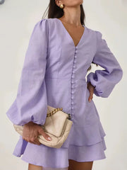 Casual Slim Cotton V-Neck Long Sleeve Classic Pleated Mini Dresses