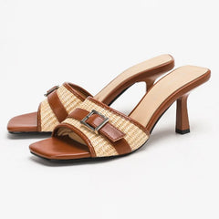 Mixed Color Weave Slippers Square Toe High Heel