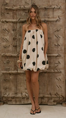 Everly Strapless Mini Dress - Oat/Black Polka