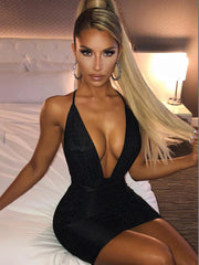 Elegant V-Neck Pleated Backless Semi Formal Bodycon Mini Dress