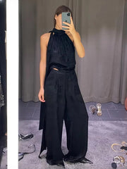 Casual Sleeveless Tank Top With High Waist Wide Pants Two Piece Sets
