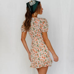 Printed V-neck Ruffles A-line Party Dress