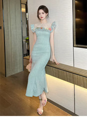 Luxurious Elegant Pearl O-neck Flowers Ruffles Delicate Dress