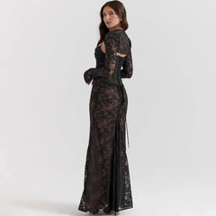 Elegant Vintage Hollow Out Lace Long Sleeve Cape 2 Piece Set Gown Slip Maxi Dress