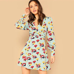 Casual A Line Button Front Deep V-Neck Floral Print Mini Dress