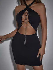 Elegant With Metal Detail Halter Neck Cut-Out Bodycon Mini Dress