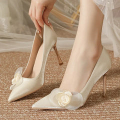 Elegant Flower String Bead Decoration Pumps Comfortable Pointed Toe Satin Brand Designer Shoes